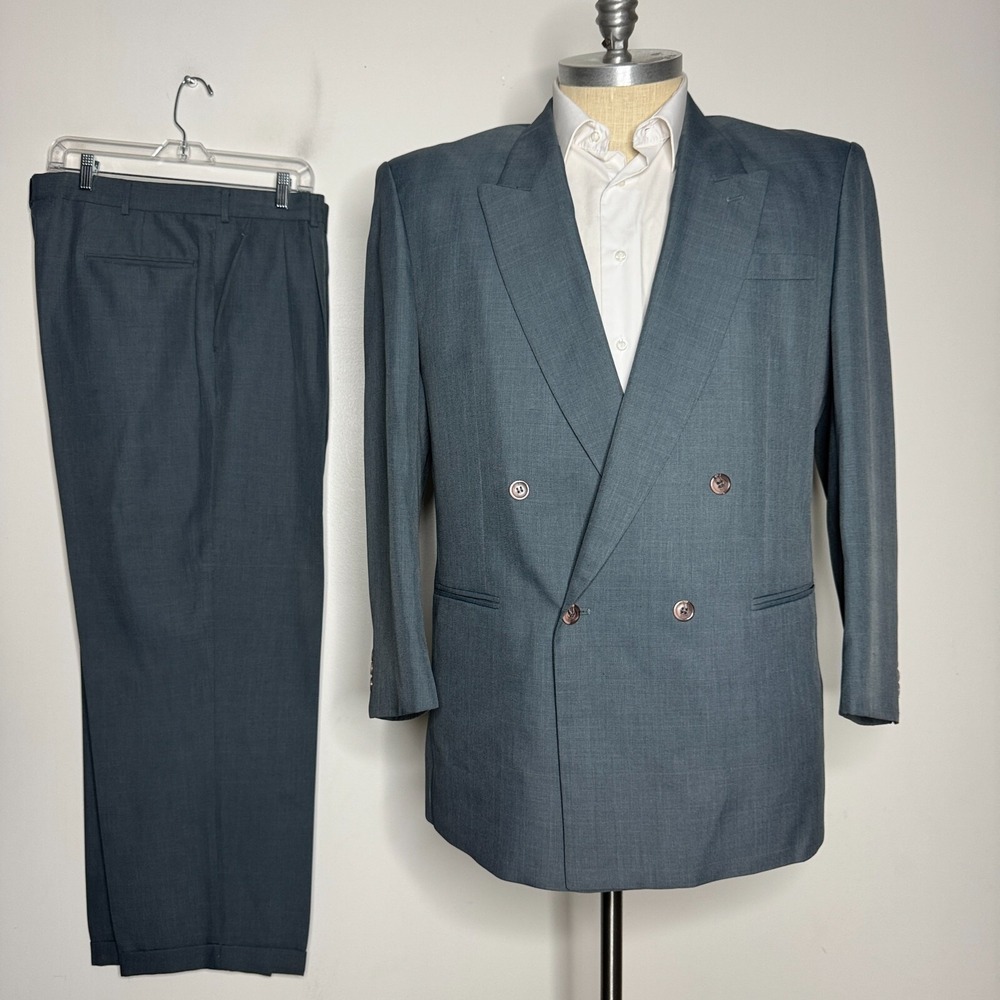 Barrage Men 48L Green Two-Piece Suit 38W Pants‎ Double Breast Solid Peak Lapel